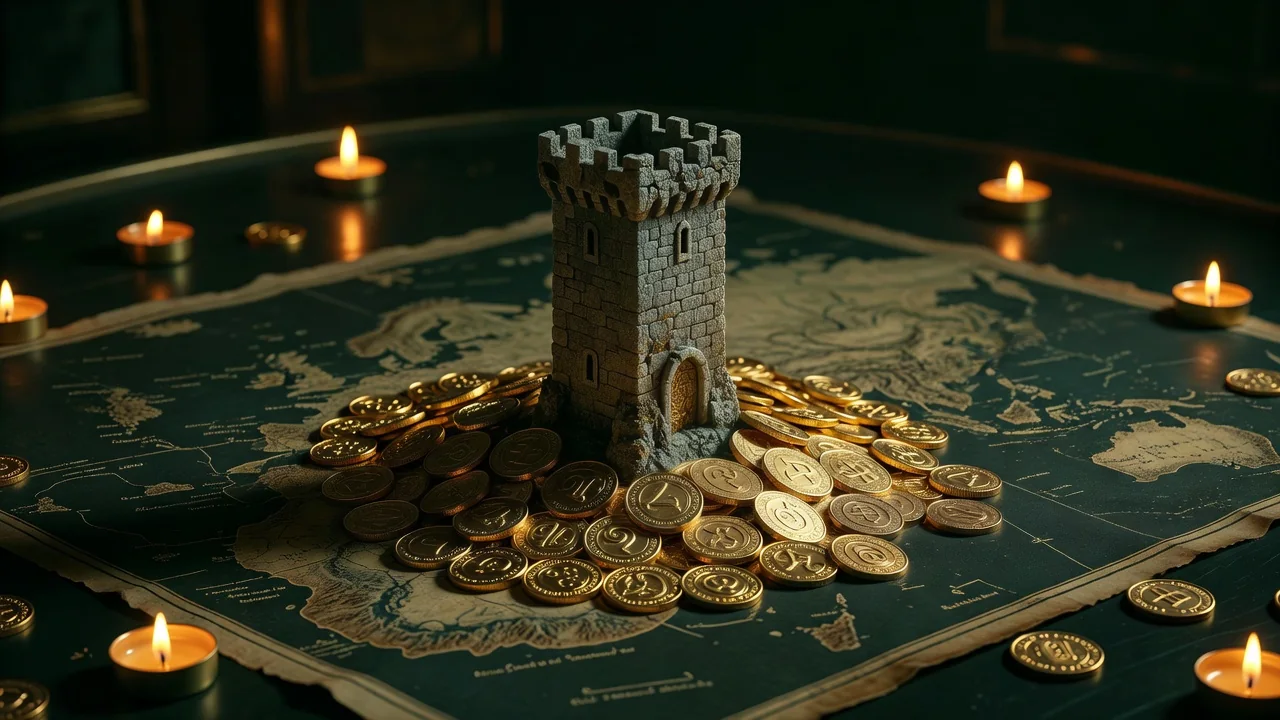 A stone castle tower miniature surrounded by golden coins on a dark map, candlelight