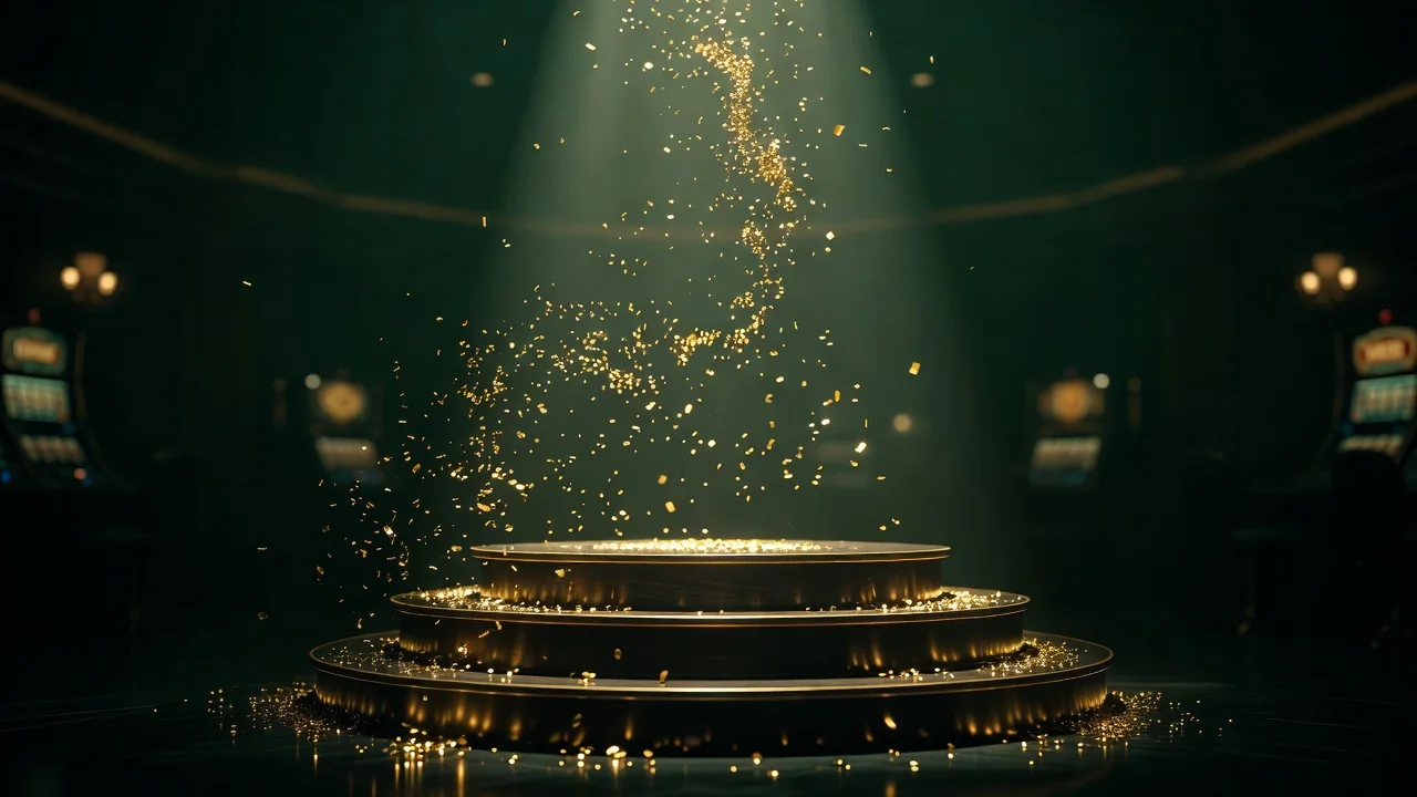 A spotlight on an empty winner podium with golden confetti falling, dark emerald background