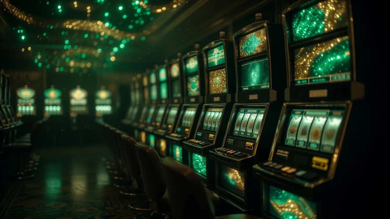 A row of glowing slot machine screens in a dark casino aisle, emerald and gold bokeh, no people