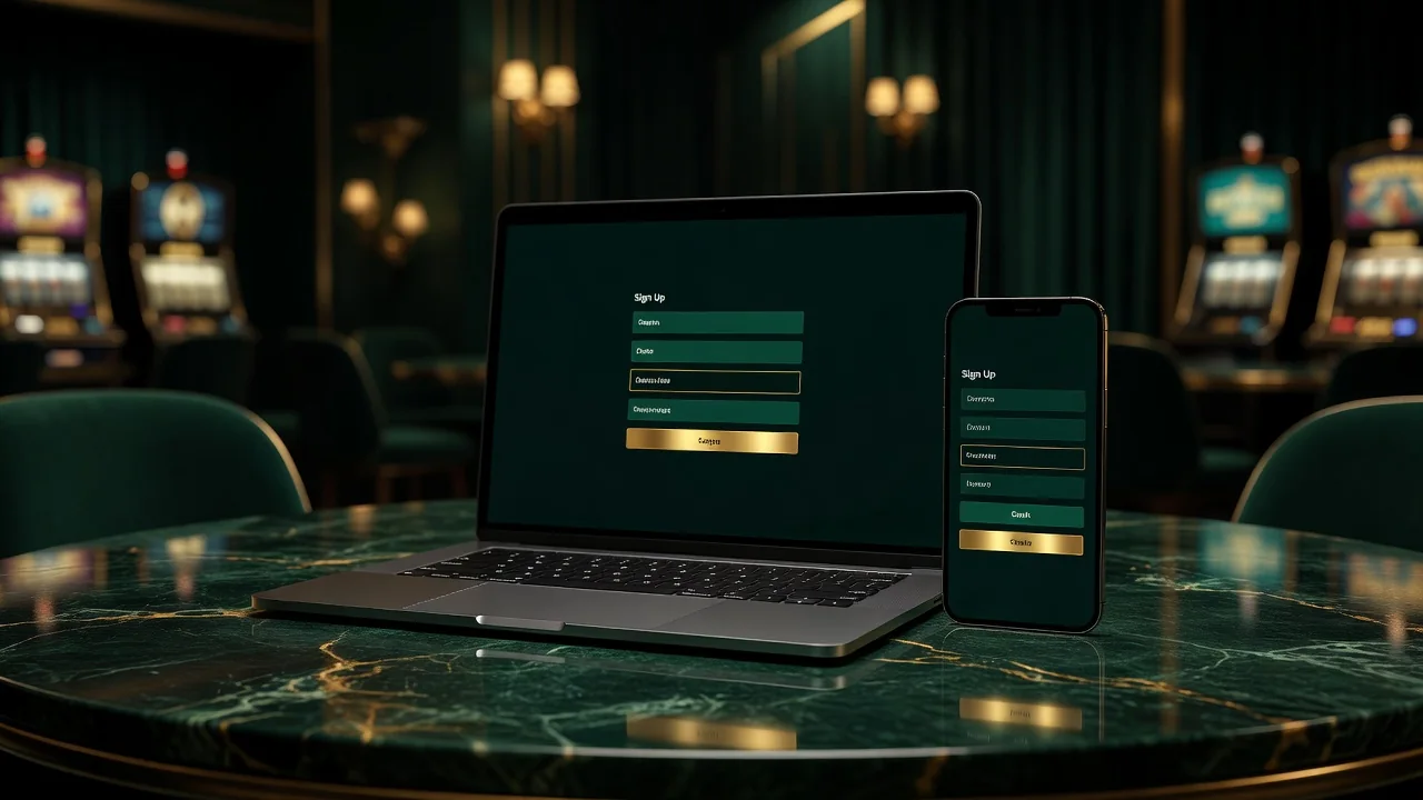 A clean casino sign-up form on a laptop screen beside a smartphone, dark emerald and gold tones