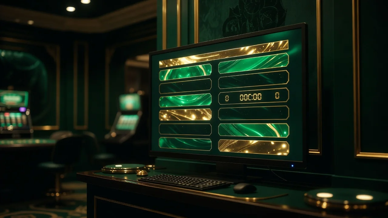 A tournament lobby interface glowing on a monitor in a dark room, leaderboard panels and countdown timer, emerald and gold palette