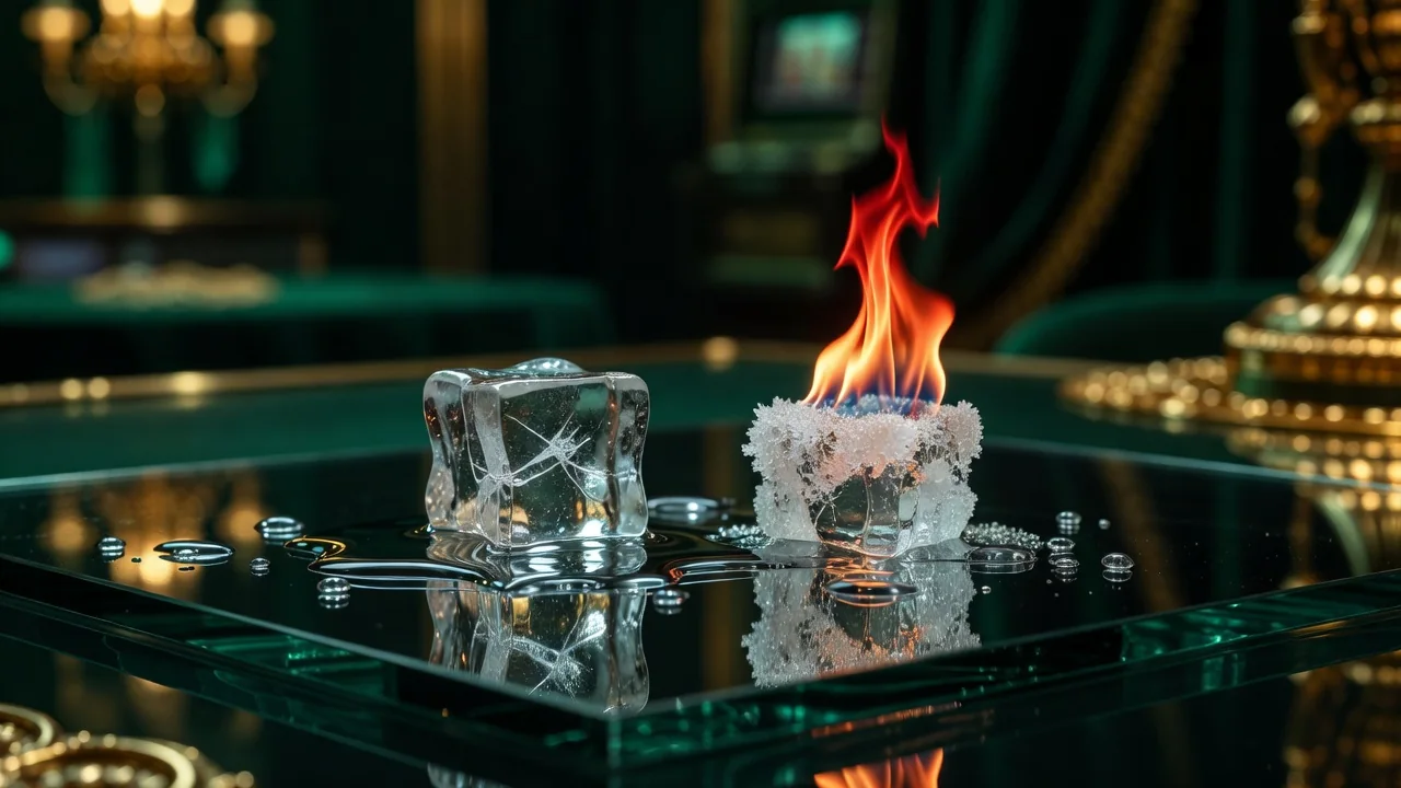 A melting ice cube and a small flame frozen side by side on dark glass, hot and cold concept, moody light