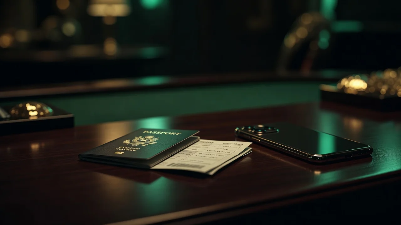 A passport and a utility bill lying flat on a dark desk beside a smartphone camera, verification concept, no readable text