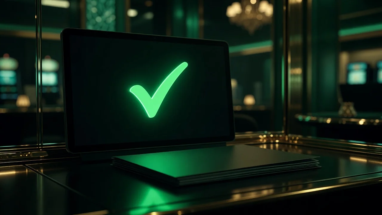 A green approved checkmark glowing on a dark screen above a neat document folder, emerald light, no text