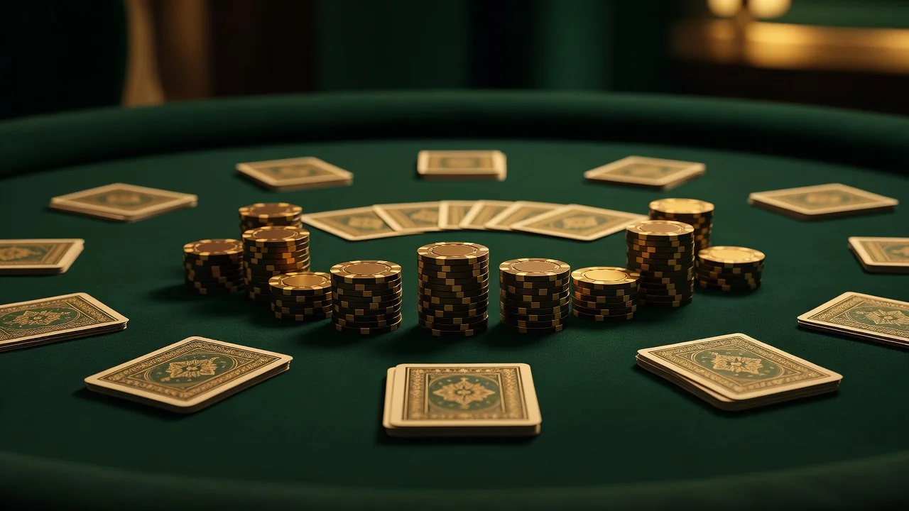 A live dealer table viewed from above with cards and chips arranged on green felt, warm studio light, no people