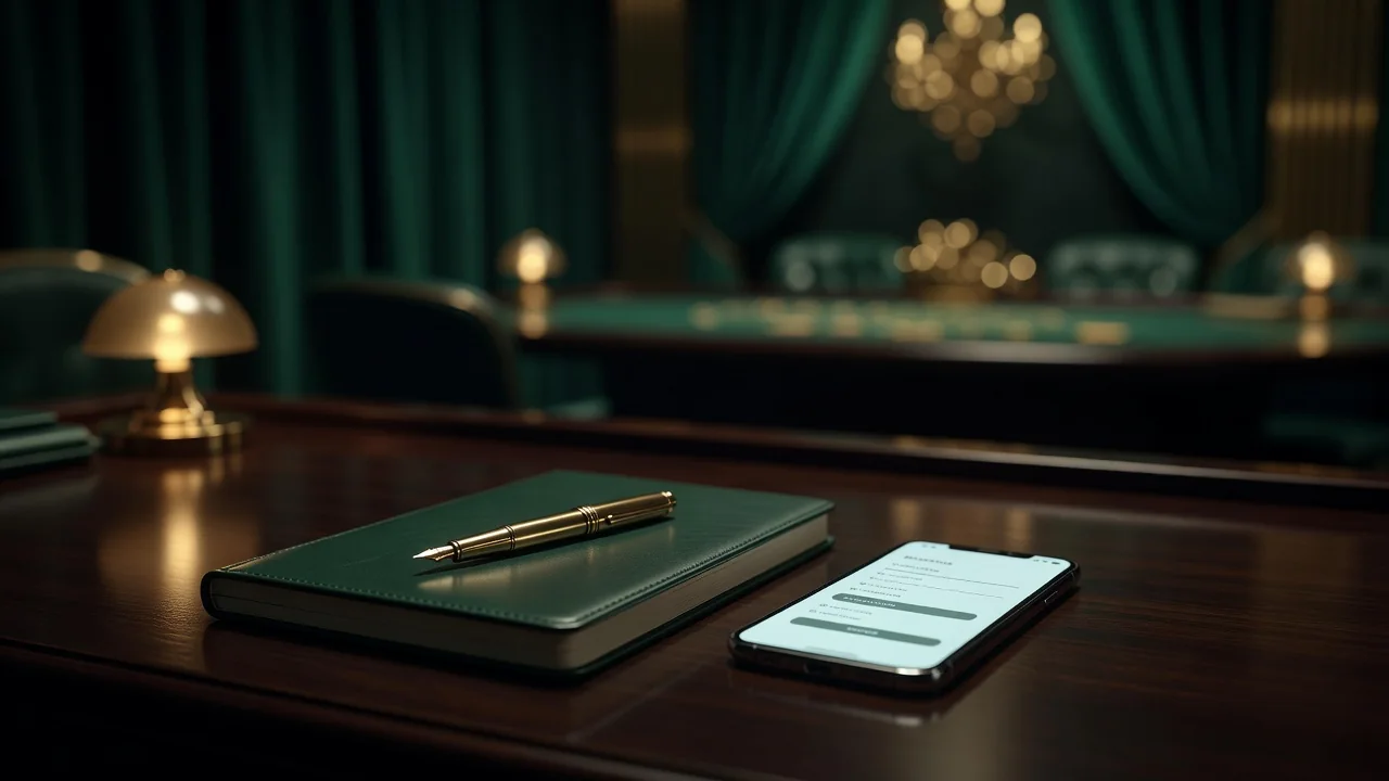 A calm desk with a notebook, a pen and a phone showing a simple budget list, soft warm light