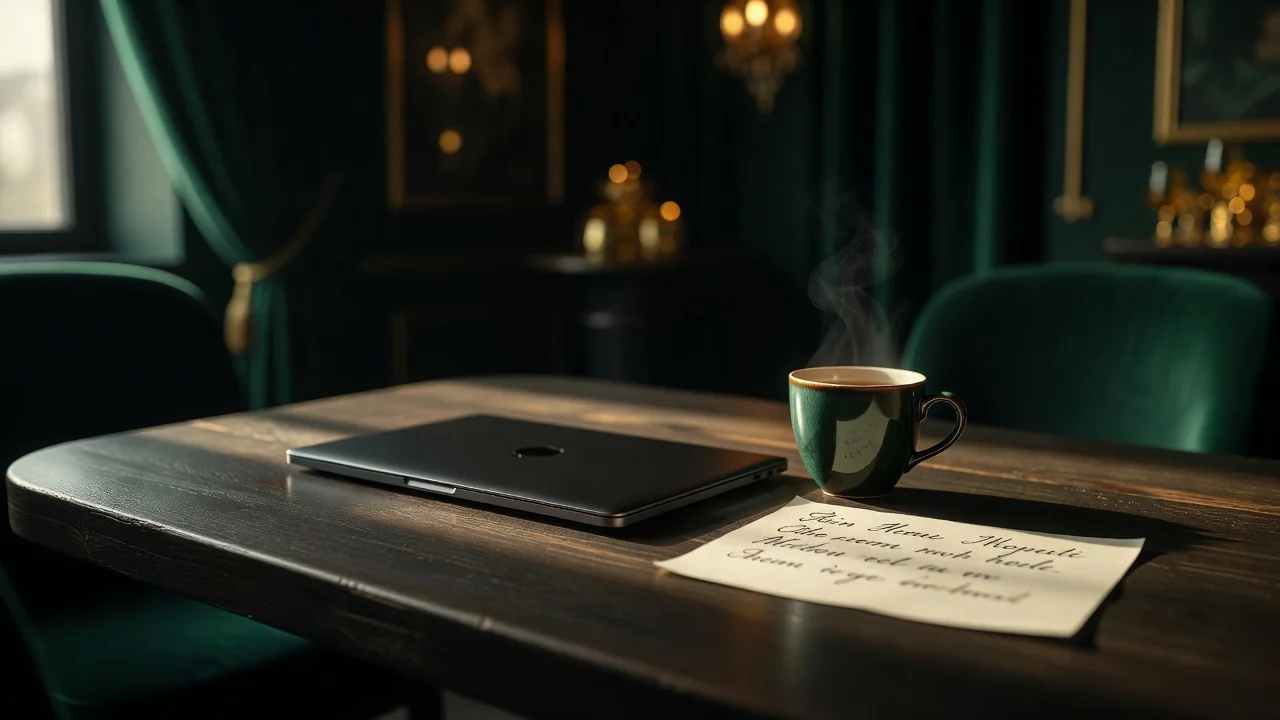 A supportive handwritten note and a cup of tea on a wooden table beside a closed laptop, gentle morning light