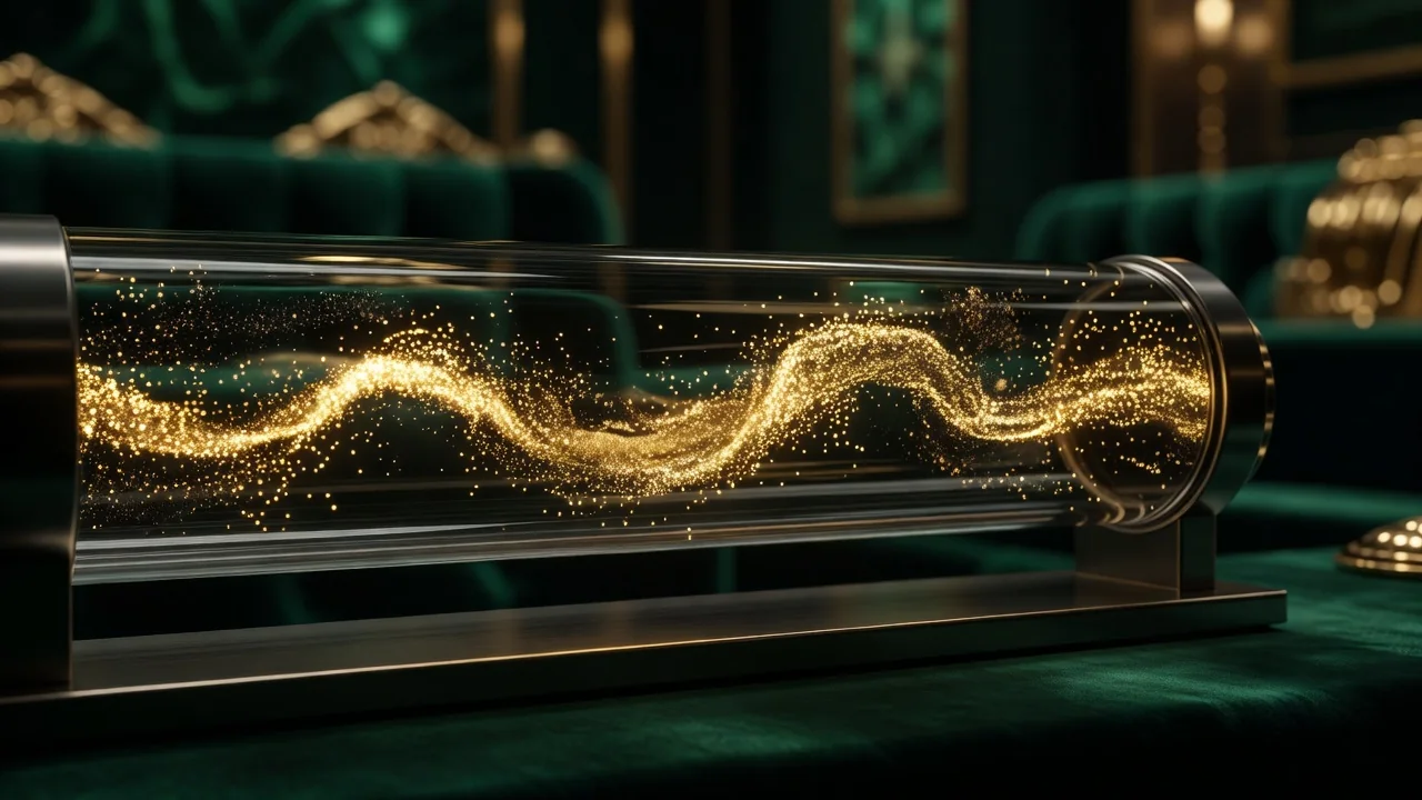 A glowing stream of random golden particles flowing through a dark glass tube, precision instrument, no numbers