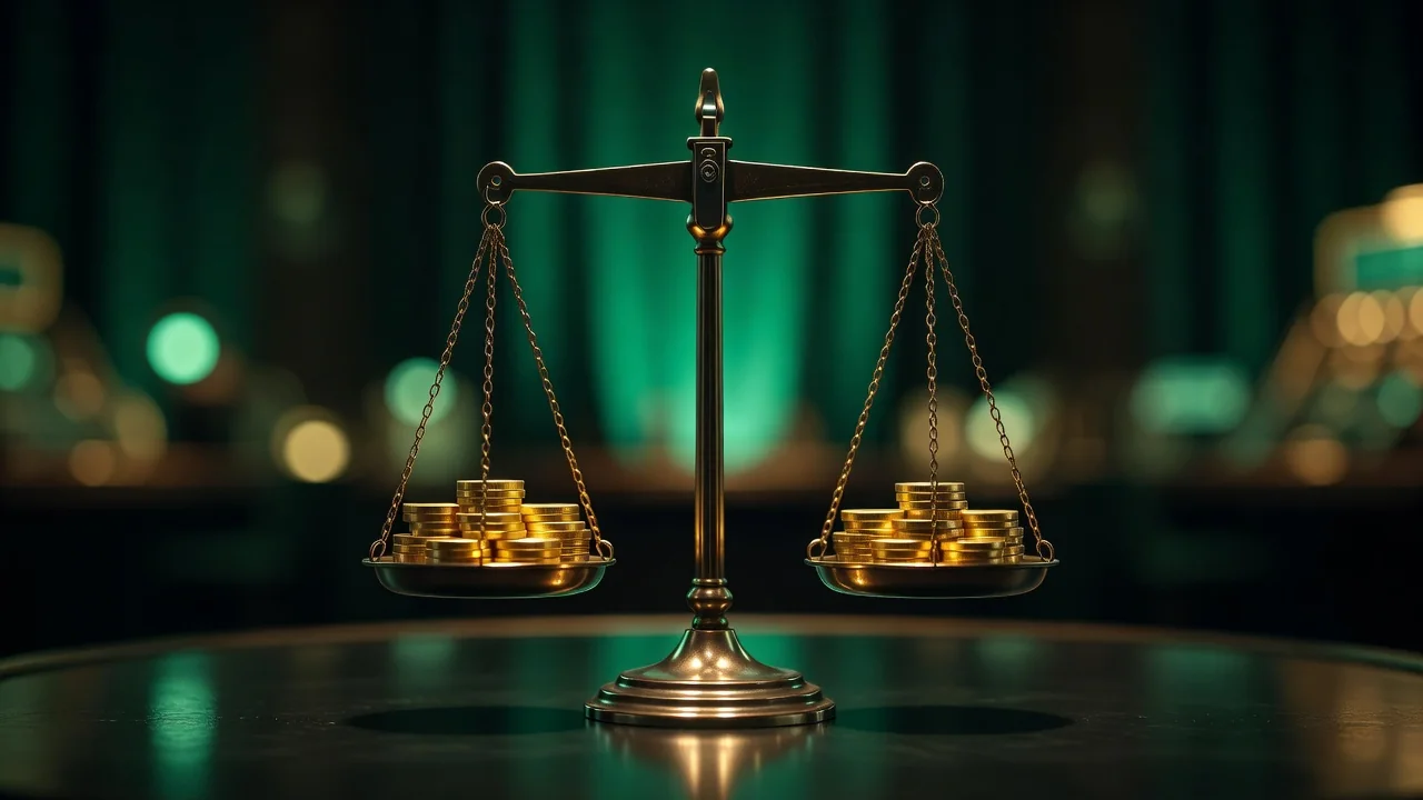 A precision balance scale with golden chips evenly weighted on both sides, dark background, fairness concept