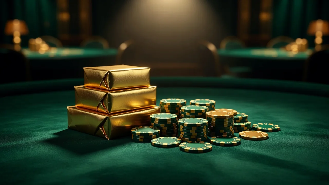 A neat stack of golden gift boxes beside casino chips on emerald felt, soft spotlight, no text