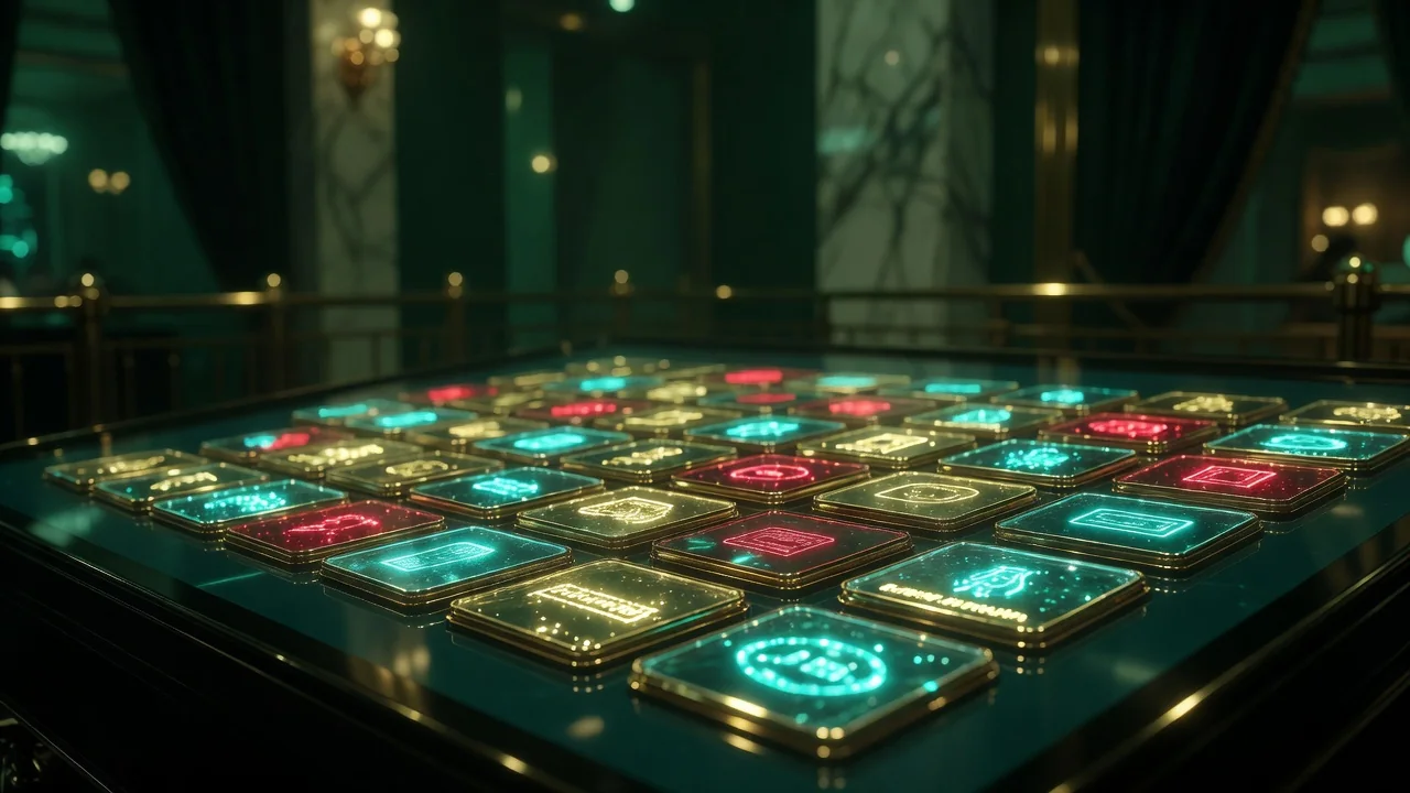 A close-up of glowing game category tiles on a casino lobby screen, shallow depth of field, dark green ambience