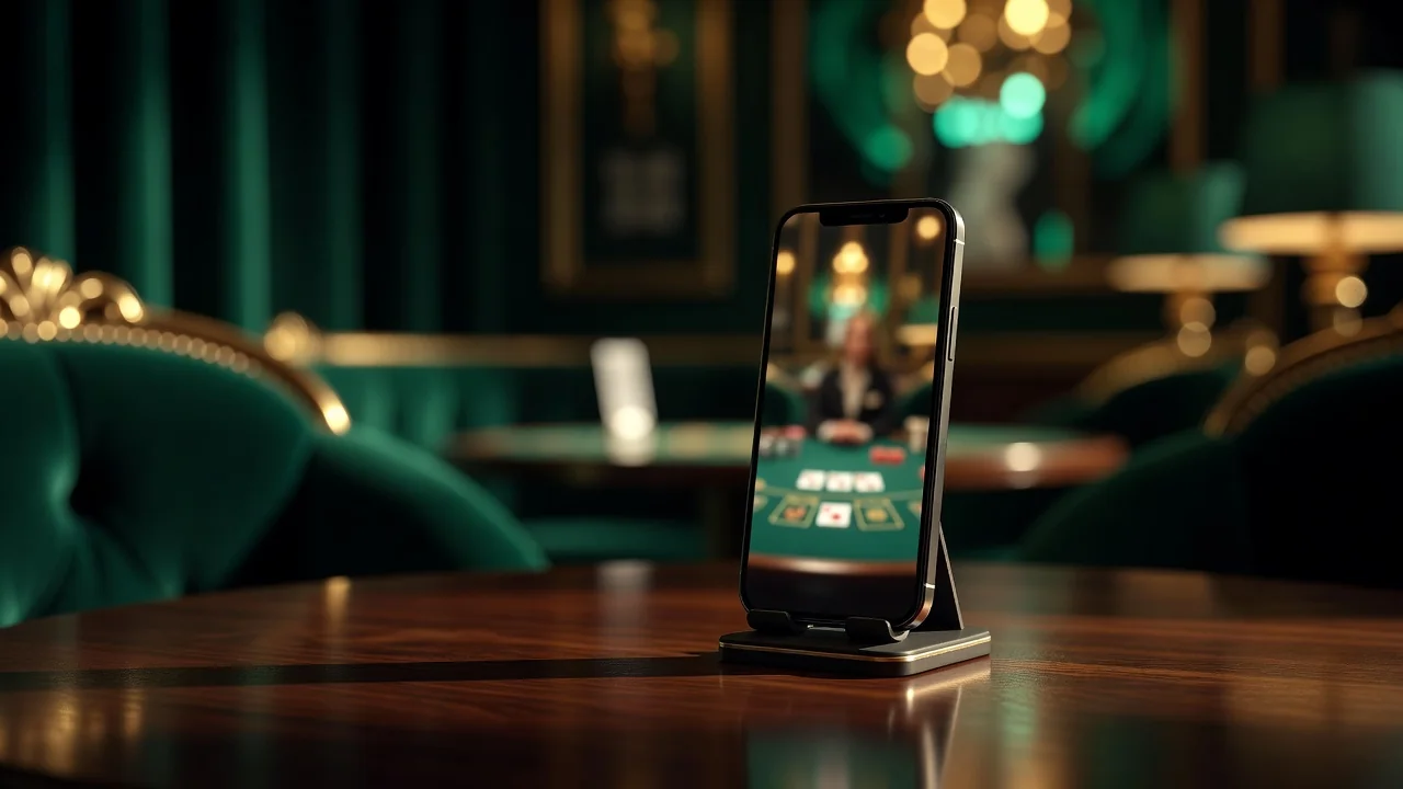 A close-up of hands-free smartphone standing on a cafe table with a blurred live dealer stream on screen, warm evening light