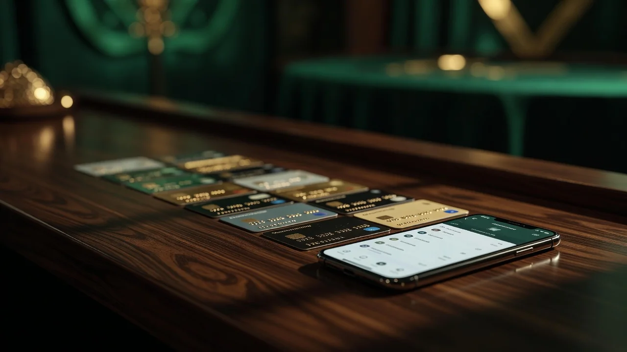 A neat row of payment cards and a smartphone showing a banking app on dark wood, warm side light