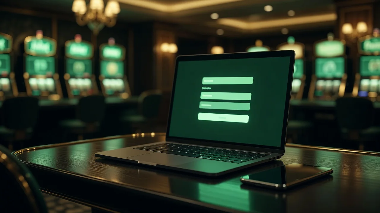 A laptop on a dark desk showing a clean account creation form, emerald glow, smartphone beside it