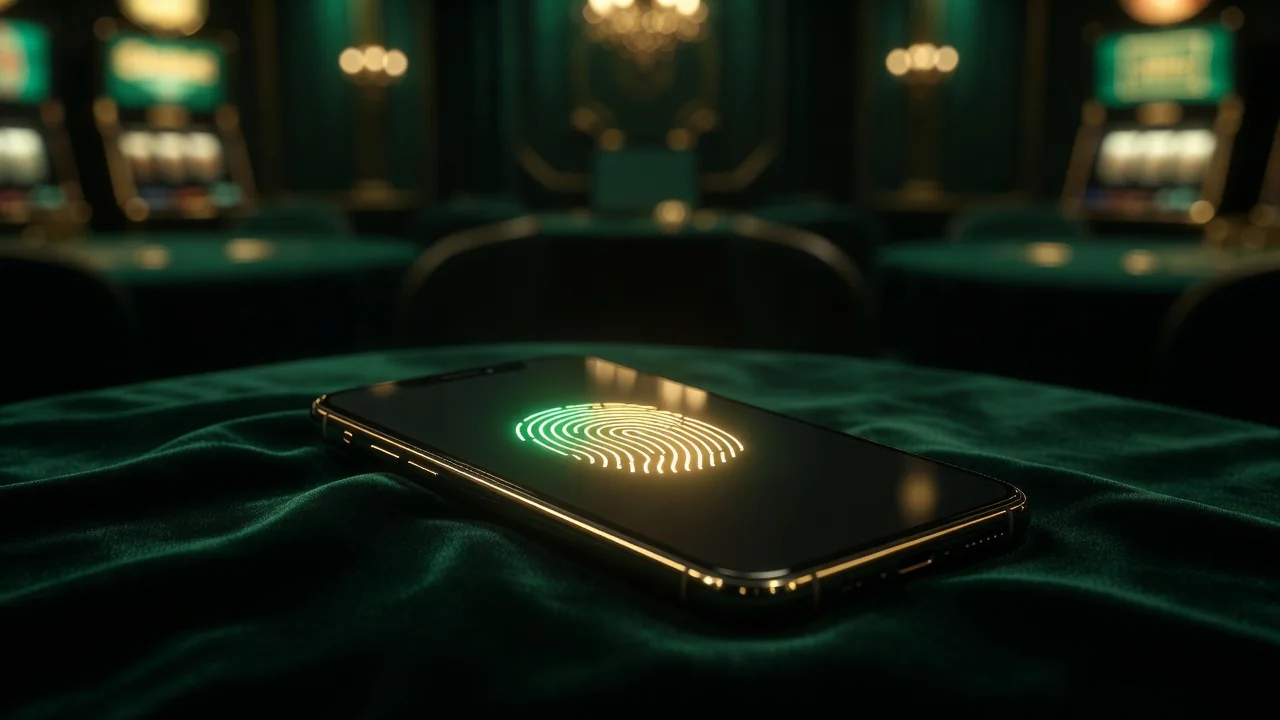 A fingerprint icon glowing on a smartphone screen lying on dark fabric, security concept, gold and green light