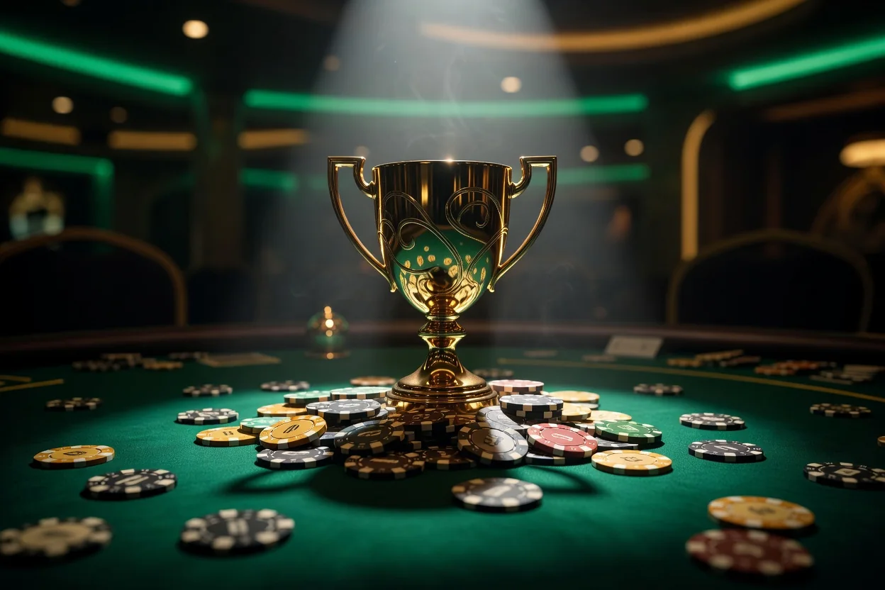 A close-up of a golden trophy surrounded by casino chips on emerald felt, dramatic spotlight