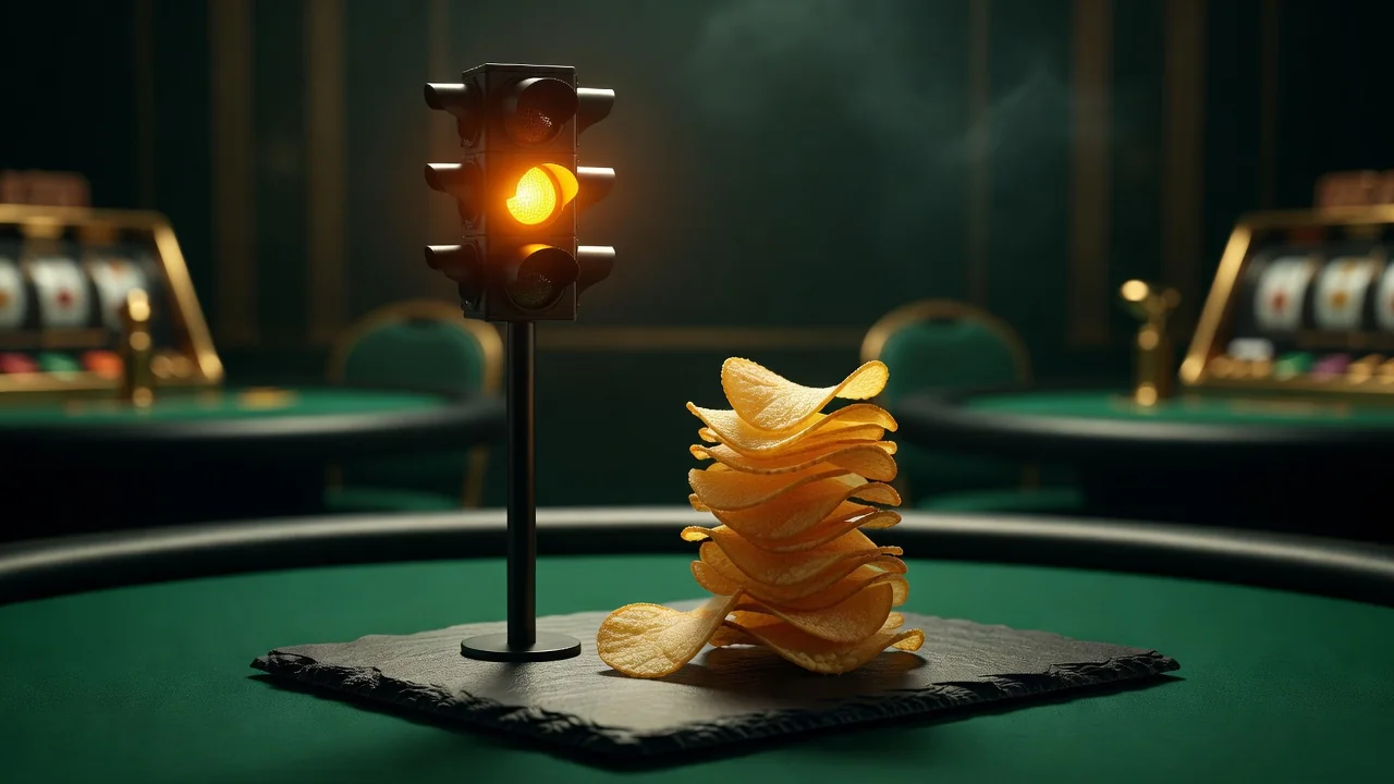 A traffic light glowing amber beside a neat stack of golden chips on dark slate, symbolic pause concept