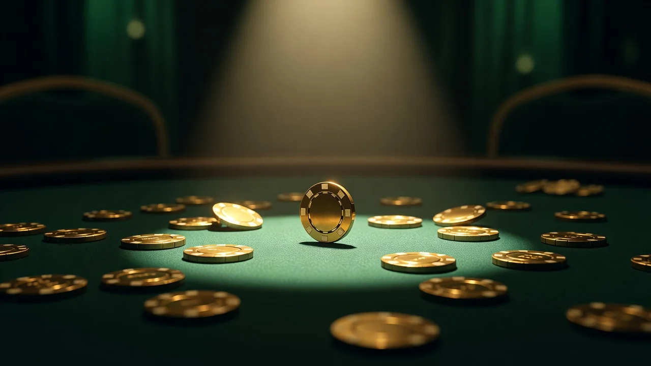 A single golden chip standing upright on dark emerald felt surrounded by fallen chips, dramatic spotlight