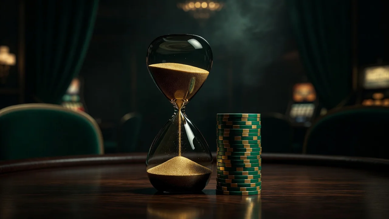 An hourglass with golden sand beside a small stack of casino chips on dark wood, moody light