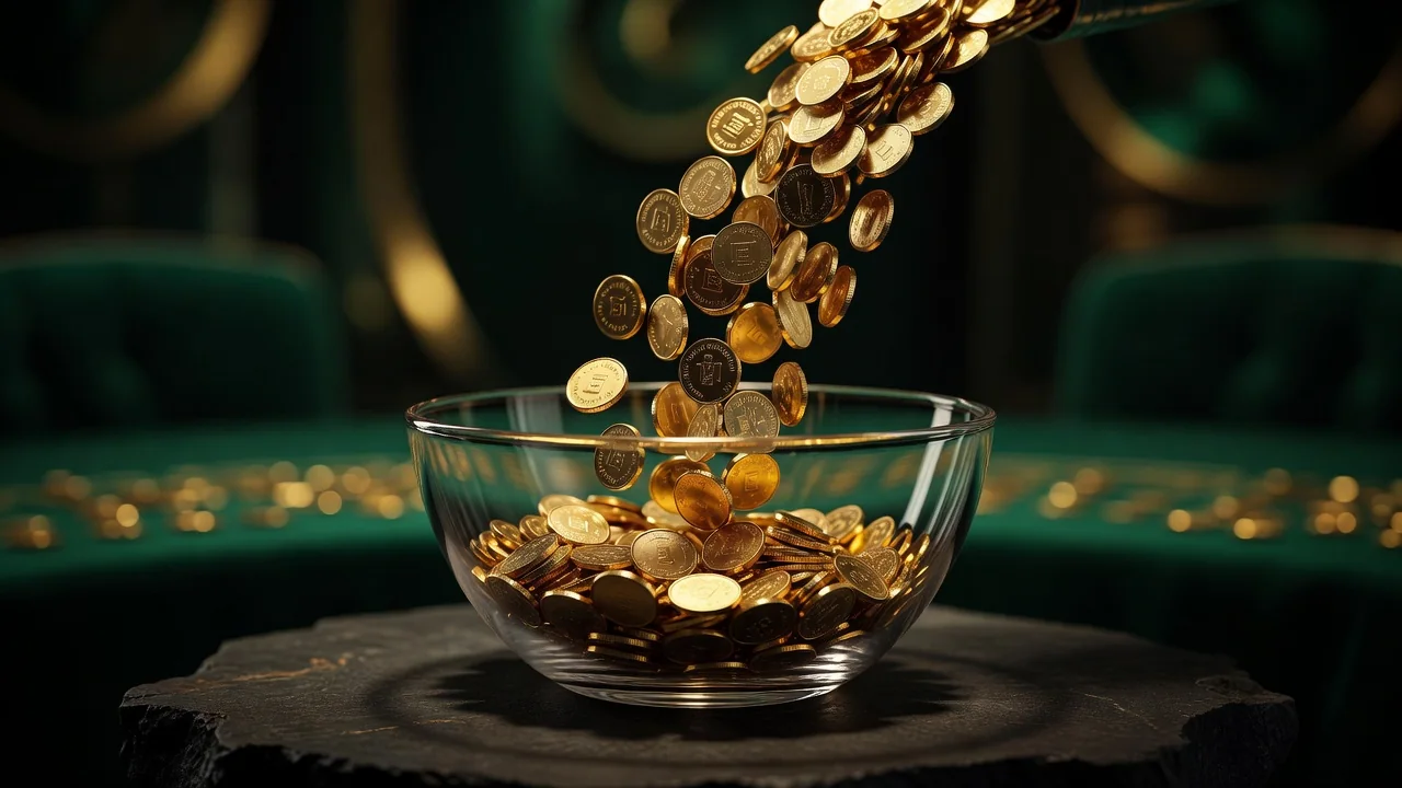 A cascade of golden coins pouring into a glass bowl on dark stone, motion frozen, warm light