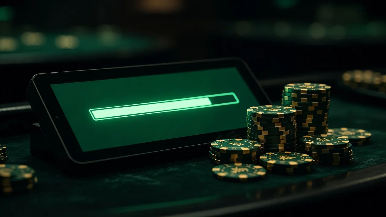 A progress bar glowing on a dark screen beside a stack of casino chips, emerald ambience