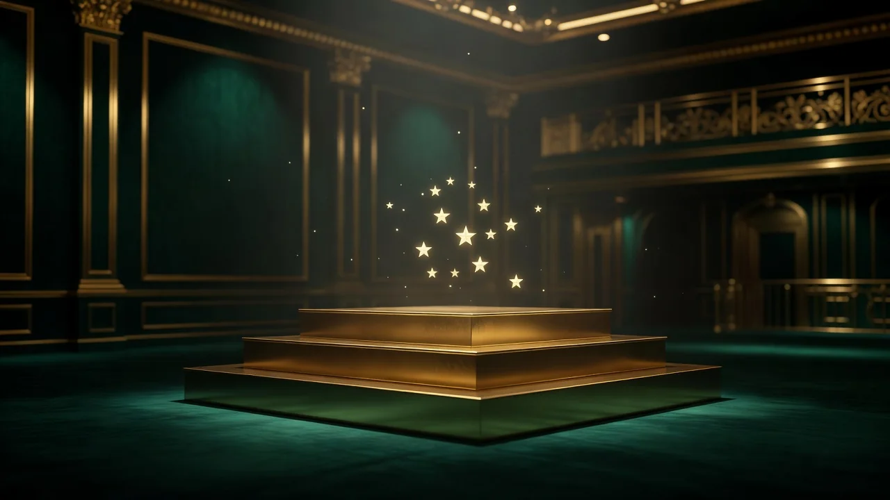 A golden leaderboard podium with three steps and glowing stars above, dark emerald hall, no text