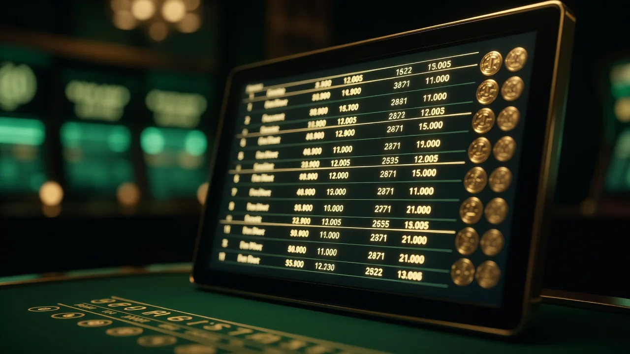 A close-up of glowing ranking rows on a dark screen, gold medals beside the top lines, shallow depth of field